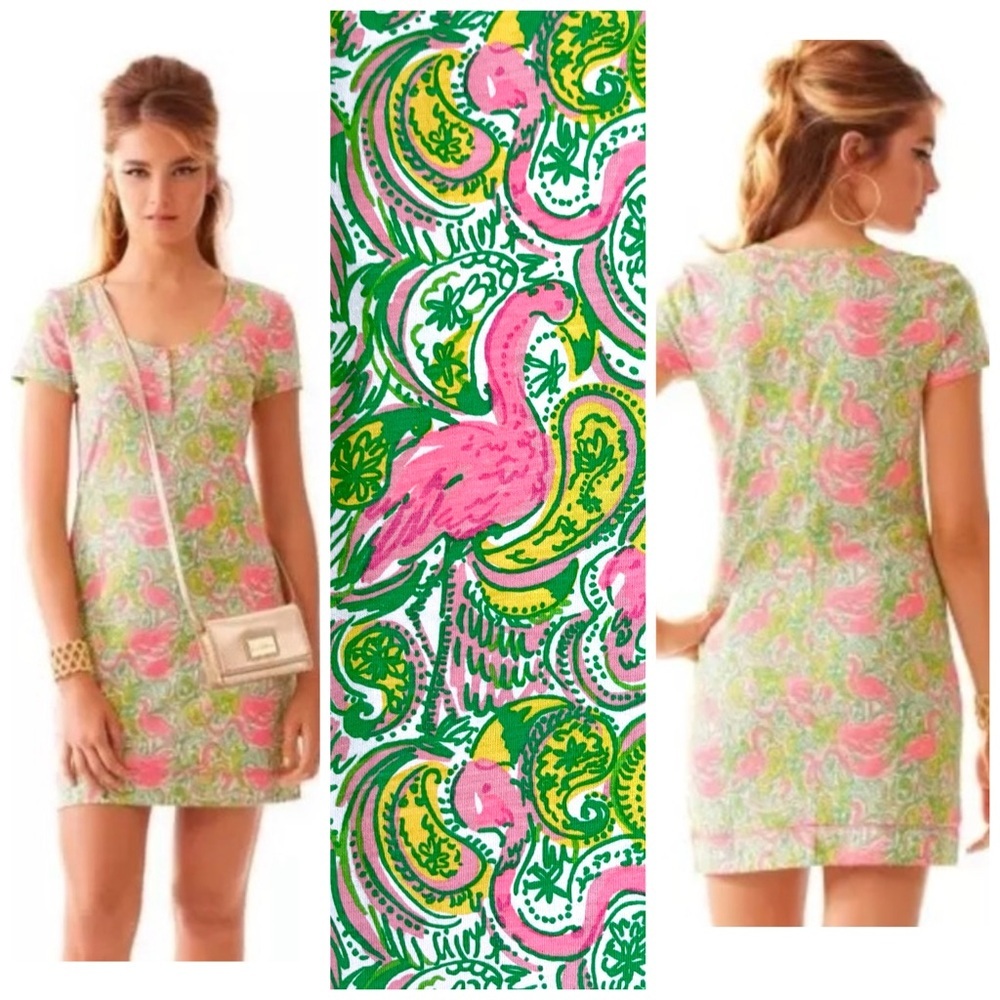 Lilly Pulitzer Britton Hot Wings Flamingo Henley Short Sleeve Tee Dress XS EUC